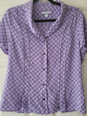 Croft & Barrow Y2K Retro Blouse Lavender Geometric Chain Button Short Sleeve M